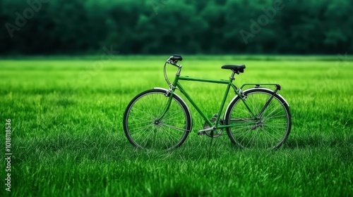 Green bicycle resting in a lush green field