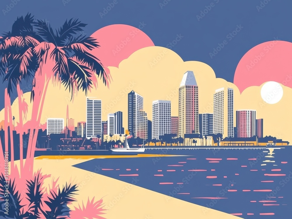 Flat Illustration of San Diego with Beachfront Promenades and Naval Heritage