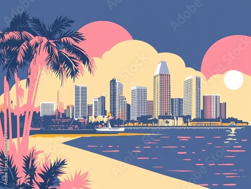 Obraz na płótnie Flat Illustration of San Diego with Beachfront Promenades and Naval Heritage
w salonie