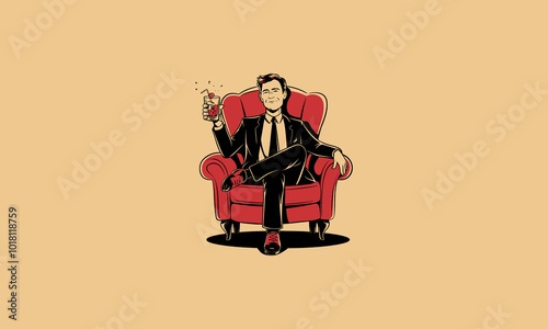 Man in a suit relaxing in a chair, holding a drink