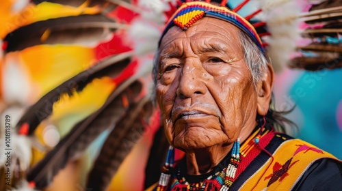 Elder Native American Man in Traditional Headdress with Thoughtful Expression