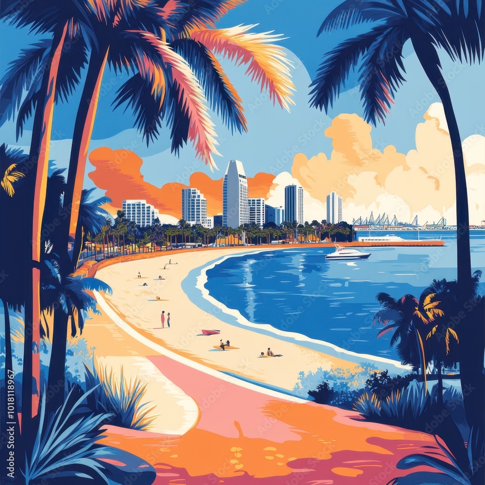 Flat Illustration of San Diego with Beachfront Promenades and Naval Heritage
