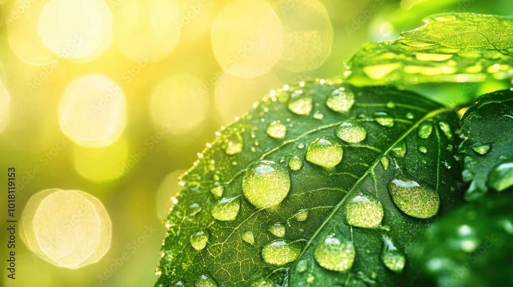 Fototapeta premium Close-up of delicate water droplets glistening on a green leaf, with sunlight creating a sparkling effect