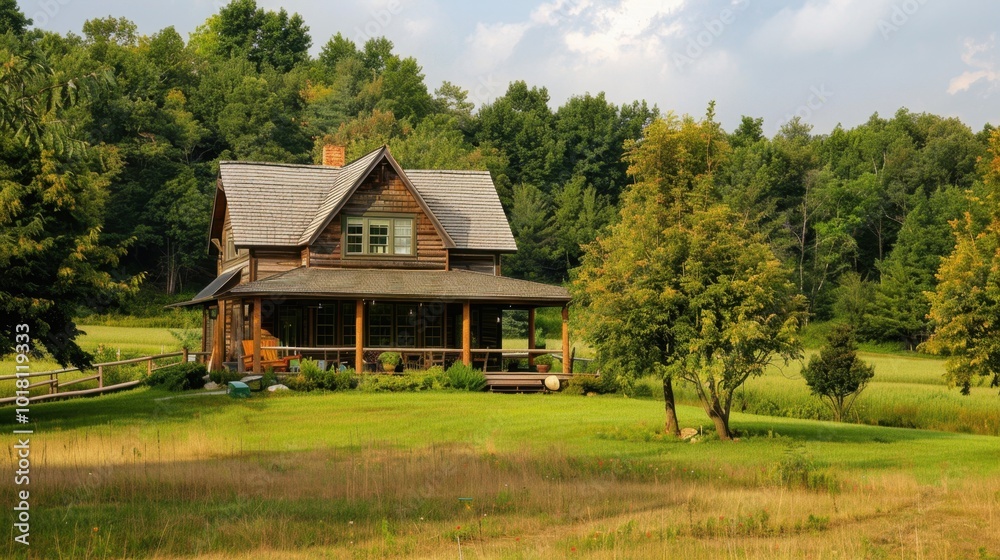 Idyllic Countryside Home with Green Landscape under Sunny Skies Idyllic Countryside Home with Green Landscape under Sunny Skies