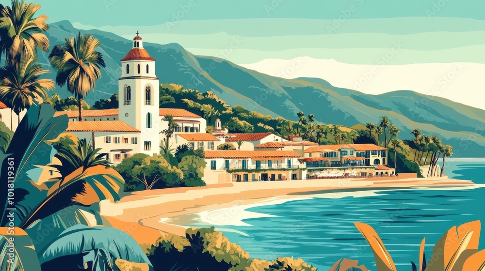 Flat Illustration of Santa Barbara with Spanish Colonial Architecture and Coastline