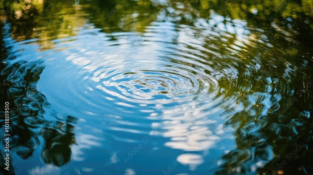 Close-up of small, rippling waves on a pond with reflections of surrounding foliage and blue sky Close-up of small, rippling waves on a pond with reflections of surrounding foliage and blue sky