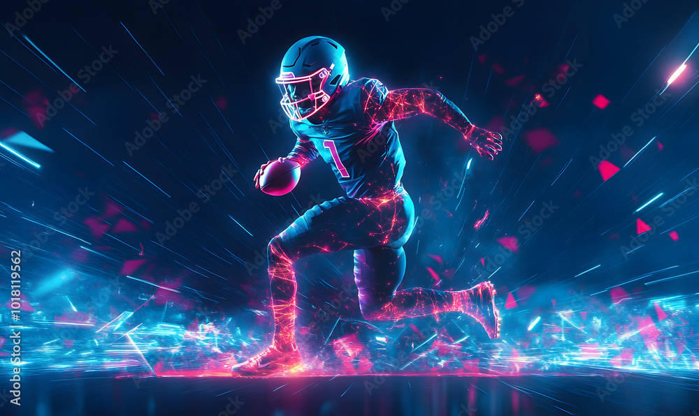 Dynamic Neon Football Action with Futuristic Geometric Patterns and Vibrant Light Trails for High-Energy Sports Advertising Backgrounds