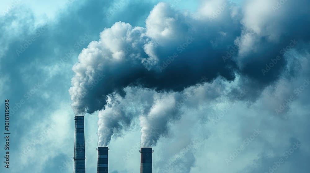 Close-up of smoke billowing from a factory chimney, with industrial structures in the background, symbolizing pollution and environmental concerns. Close-up of smoke billowing from a factory chimney, with industrial structures in the background, symbolizing pollution and environmental concerns.