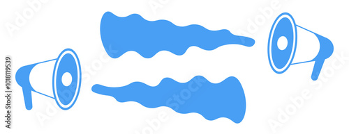 Dynamic blue megaphones amplifying sound waves in an artistic representation of communication and expression