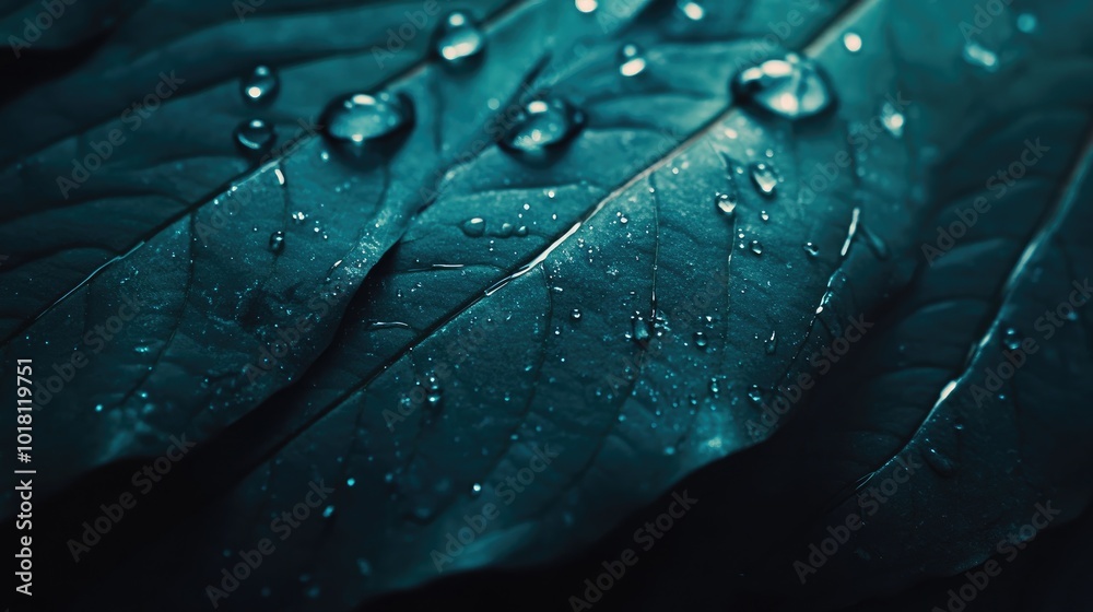 Fototapeta premium Close-up of water droplets on a dark green leaf, with the droplets forming a beautiful contrast against the leaf's texture