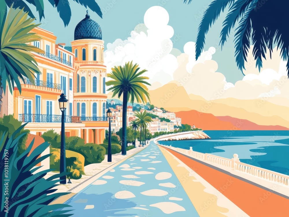 Flat Illustration of Nice with Riviera Palette and Iconic Promenade