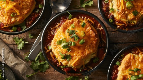 Cornbread Chili Bowls Topped with Melted Cheese and Green Onion. Cheddar Biscuit Chili Pot Pies