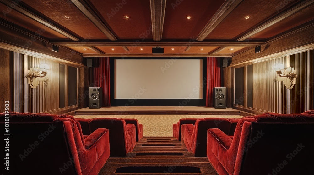 A sophisticated 1980s home theater featuring plush red velvet seats A sophisticated 1980s home theater featuring plush red velvet seats