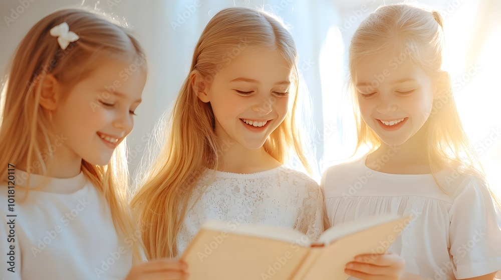 Three smiling girls in white outfits read a book together, surrounded by soft light, conveying joy and a love for reading. Three smiling girls in white outfits read a book together, surrounded by soft light, conveying joy and a love for reading.