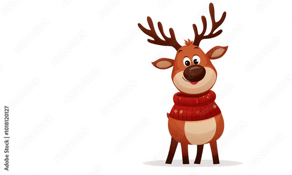 A cartoon reindeer wearing a red sweater smiles at the camera A cartoon reindeer wearing a red sweater smiles at the camera