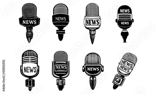 news microphone vector icon set. tv reporter interview mike symbol.