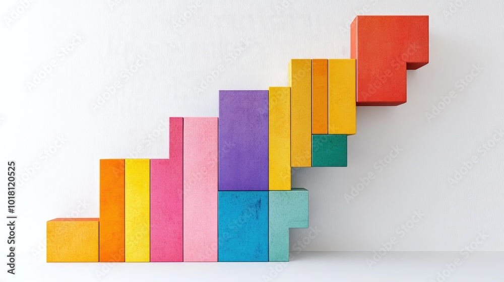 Creative bar graph made from colorful blocks, set against a white minimalist background Creative bar graph made from colorful blocks, set against a white minimalist background