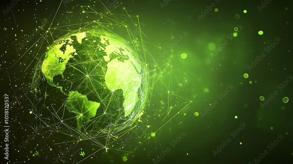 Fototapeta premium Map of the planet. Global social network. Future. Vector.Green futuristic background with planet Earth. Internet and technology. Floating Green plexus geometric background.