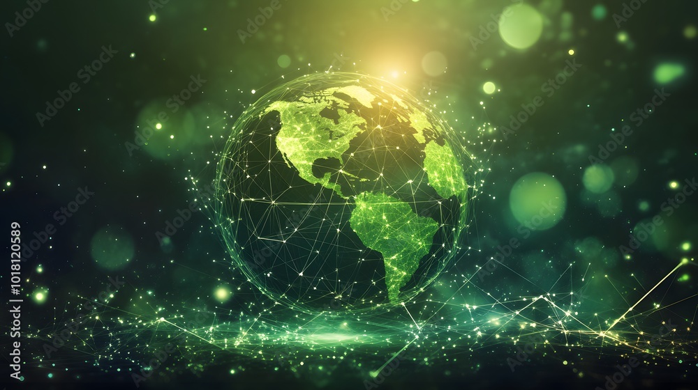 
Map of the planet. Global social network. Future. Vector.Green futuristic background with planet Earth. Internet and technology. Floating Green plexus geometric background.
