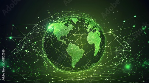  Map of the planet. Global social network. Future. Vector.Green futuristic background with planet Earth. Internet and technology. Floating Green plexus geometric background.