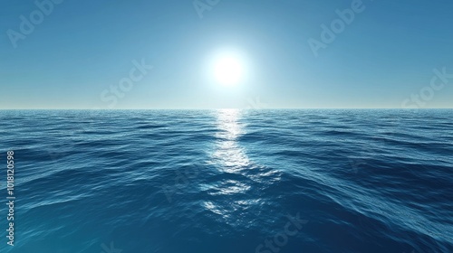 Deep blue ocean waves under a clear sky, sunlight reflecting on the water surface