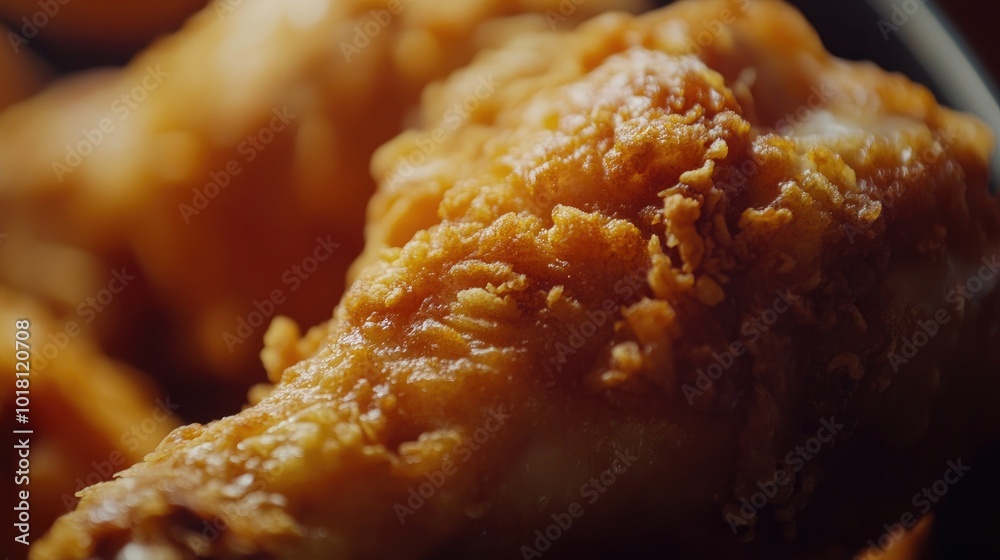 Delicious close-up of a crispy fried chicken drumstick with golden-brown coating and dipping sauce Delicious close-up of a crispy fried chicken drumstick with golden-brown coating and dipping sauce