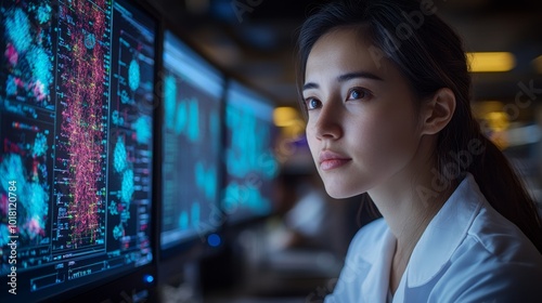 Diverse team of researchers examining CRISPR data at a leading laboratory in 2023