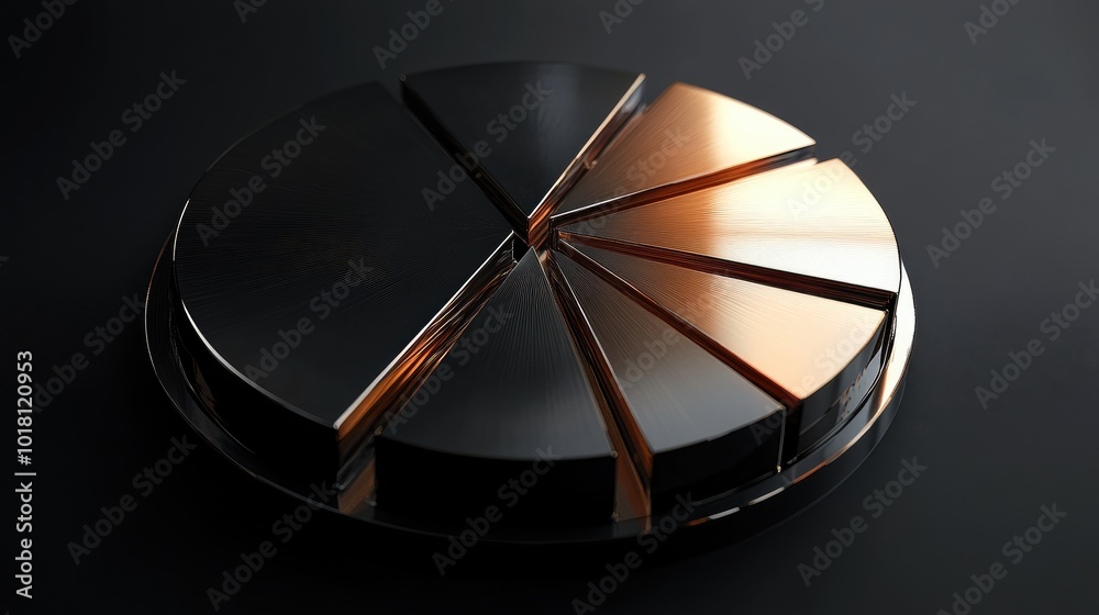 Detailed 3D pie chart with metallic textures, each segment separated slightly, dark background