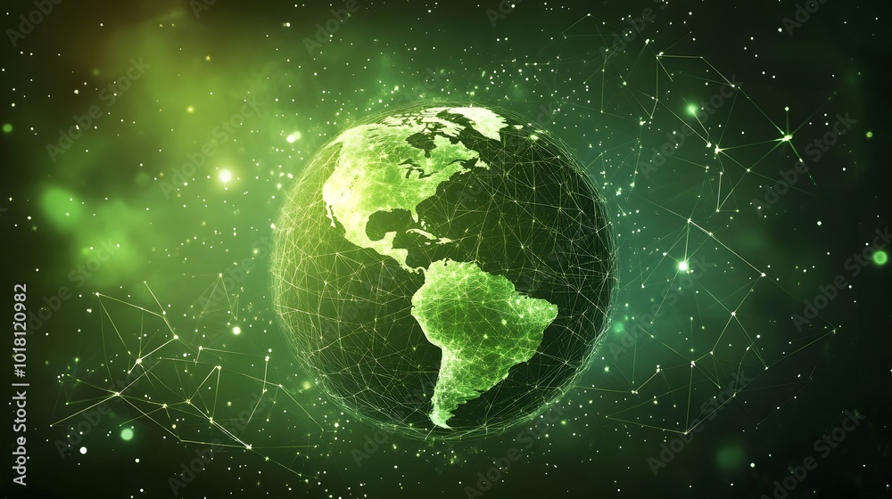 
Map of the planet. Global social network. Future. Vector.Green futuristic background with planet Earth. Internet and technology. Floating Green plexus geometric background.