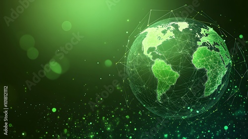  Map of the planet. Global social network. Future. Vector.Green futuristic background with planet Earth. Internet and technology. Floating Green plexus geometric background.