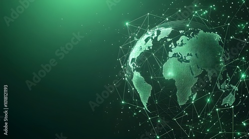  Map of the planet. Global social network. Future. Vector.Green futuristic background with planet Earth. Internet and technology. Floating Green plexus geometric background.