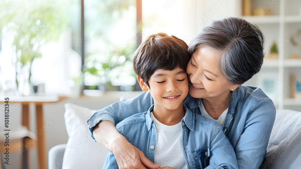 A joyful elderly woman embraces a young boy in a cozy indoor setting, showcasing love and connection between generations. A joyful elderly woman embraces a young boy in a cozy indoor setting, showcasing love and connection between generations.