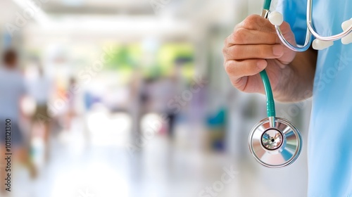 A healthcare professional holds a stethoscope in a hospital corridor, symbolizing medical care and patient interaction.