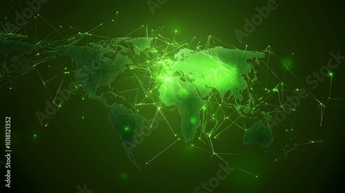  Map of the planet. Global social network. Future. Vector.Green futuristic background with planet Earth. Internet and technology. Floating Green plexus geometric background.