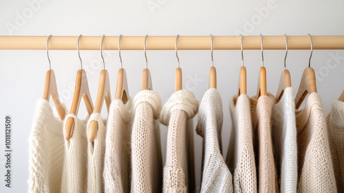 A minimalist wardrobe with neutral-toned clothes on matching wooden hangers, perfectly organized for a clean, serene look
