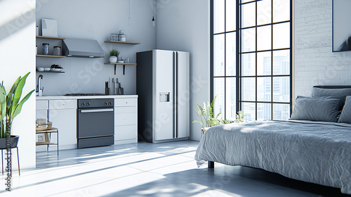 Airy minimalist studio apartment featuring a monochrome palette, a modern bed, and an open kitchenette with sleek cabinetry