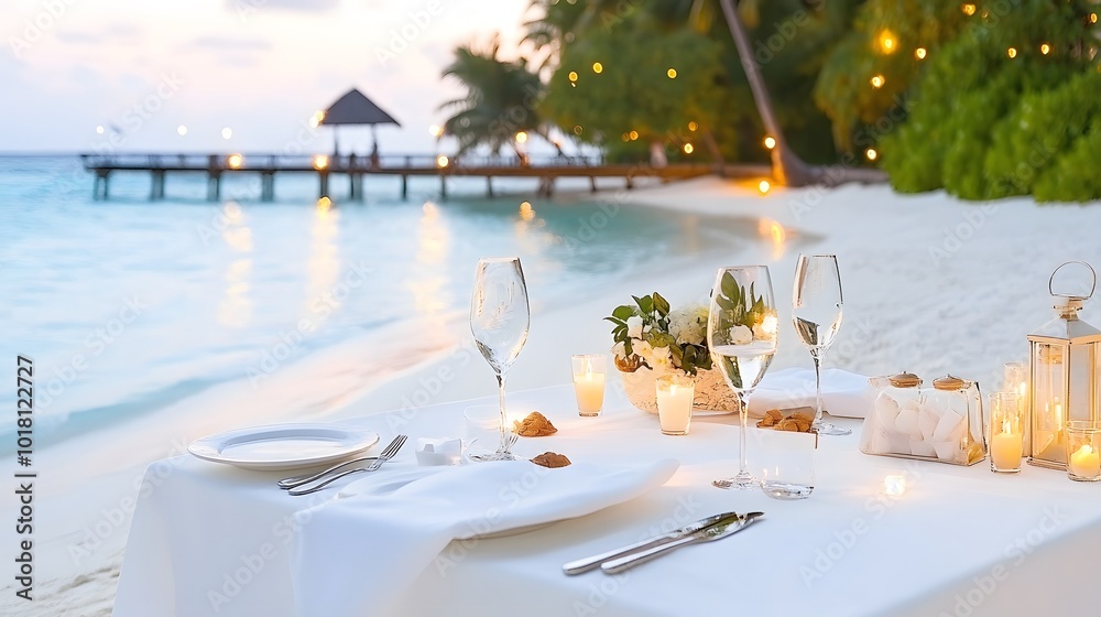 Obraz premium A serene beachside dining setup with elegant table settings, surrounded by soft lighting and tropical greenery at sunset.