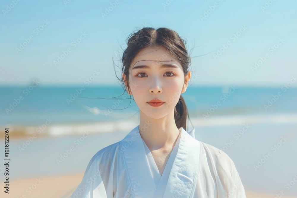 Young woman in traditional attire standing on a beach with a serene expression against a clear blue sky and ocean background Young woman in traditional attire standing on a beach with a serene expression against a clear blue sky and ocean background