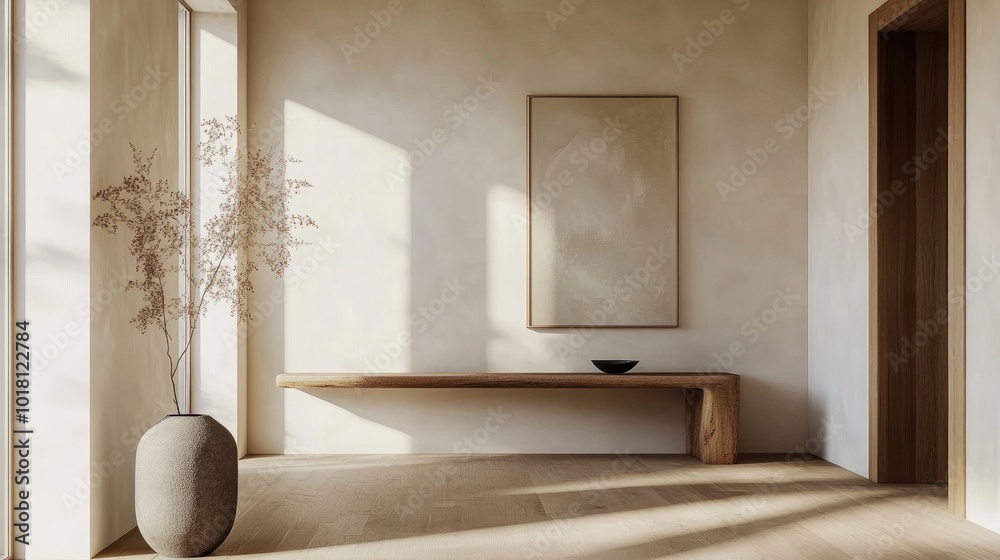 Fototapeta premium Detailed shot of a minimalist entryway with a sleek console table, simple art, and clean lines