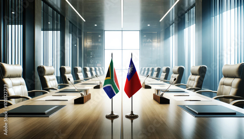 A modern conference room with South Africa and Taiwan flags on a long table, symbolizing a bilateral meeting or diplomatic discussions between the two nations. photo