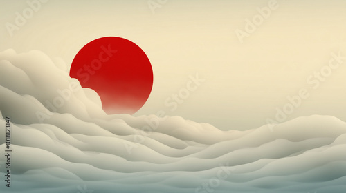 A red sun is in the sky above a cloudy sea