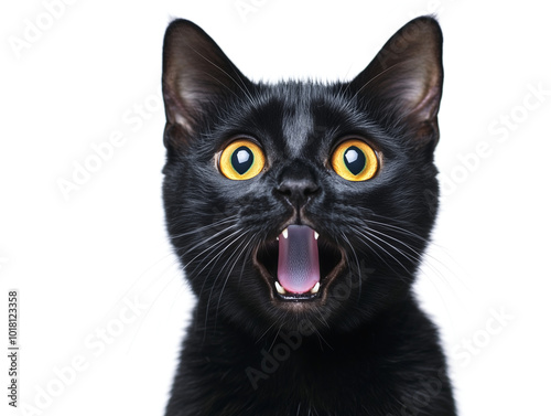 Surprised black cat with a funny and excited expression isolated on white, generated ai