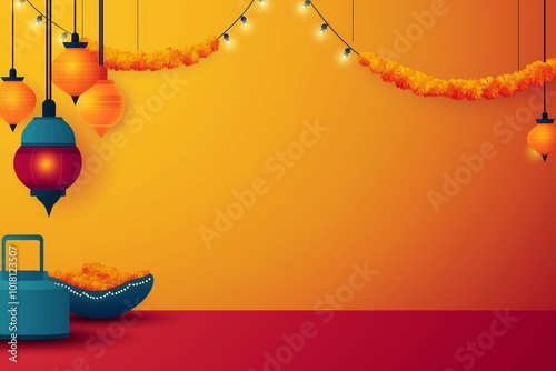 Colorful Diwali Lanterns and Marigold Flowers Creating a Festive Holiday Ambiance