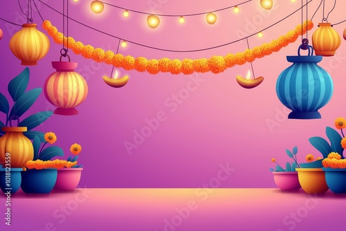 Festive Indian Diwali Scene with Hanging Lanterns, Marigold Garlands, and Warm Lighting