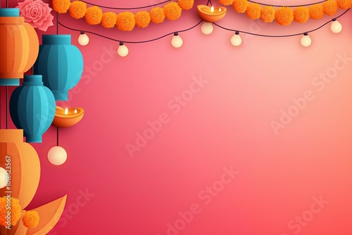 Elegant Diwali Festival Background with Hanging Lanterns and Marigold Flower Garlands