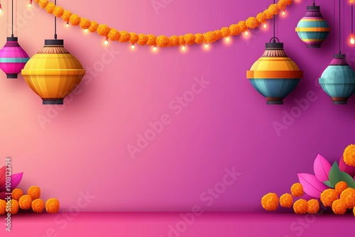 Vibrant Diwali Festive Decor with Hanging Lanterns and Marigold Flowers on Pink Background