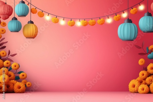 Colorful Diwali Celebration Background with Lanterns and Marigold Flowers Decorations
