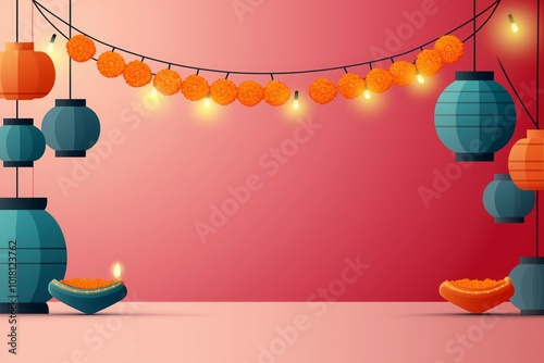 Diwali Celebration Background with Marigold Garlands and Glowing Lanterns