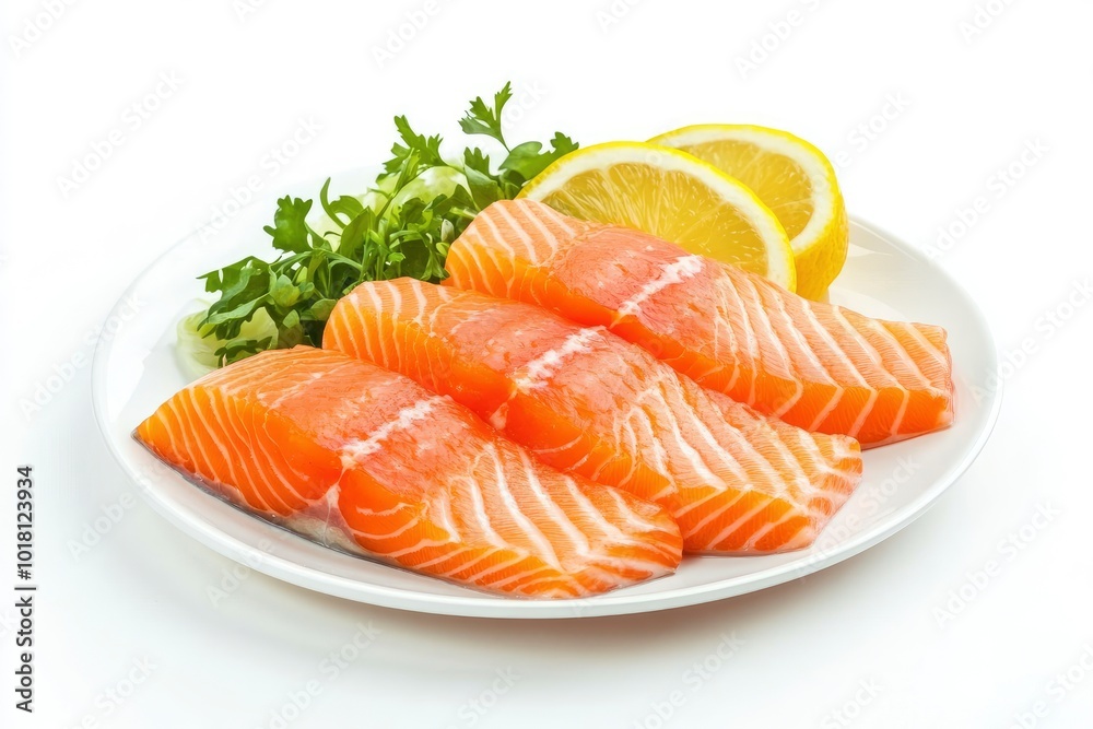 Restaurant Starter Menu with Slightly Salted Salmon Fillet Isolated on White Background. Thin Slices of Red Fish or Trout with Lemon and Greens on Elegant Flat Plate Close Up - generative ai Restaurant Starter Menu with Slightly Salted Salmon Fillet Isolated on White Background. Thin Slices of Red Fish or Trout with Lemon and Greens on Elegant Flat Plate Close Up - generative ai