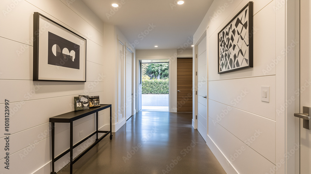 Bright minimalist hallway featuring white walls, a single framed geometric print, and a sleek black console table Bright minimalist hallway featuring white walls, a single framed geometric print, and a sleek black console table
